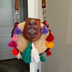Tassel Boho Circular Woven Straw & Leather Crossbody Bag OS Tropical Festival